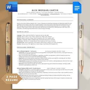 Könnte beinhalten: Ein professionelles Lebenslauf-Dokument für Alex Morgan Carter, Senior Software Engineer, mit Abschnitten für berufliche Zusammenfassung, technische Fähigkeiten und Erfahrung, flankiert von einem goldenen Füllfederhalter und einem beigen Druckbleistift.