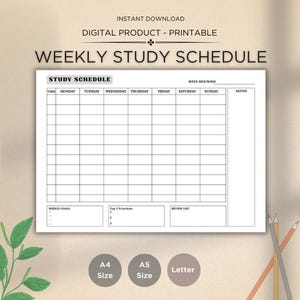 Weekly Study Schedule Printable: Hourly Agenda & Revision Timetable (A4, A5, Letter Sizes) (Digital Download)