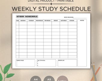 Weekly Study Schedule Printable: Hourly Agenda & Revision Timetable (A4, A5, Letter Sizes) (Digital Download)