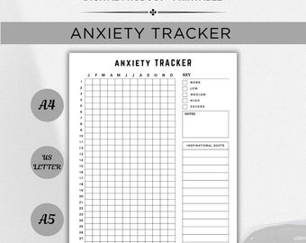 Può includere: Un tracker dell'ansia stampabile con la scritta "ANXIETY TRACKER" in alto. Il tracker include una chiave per valutare i livelli di ansia e spazio per note e una citazione motivazionale. L'immagine mostra anche i formati carta A4, US Letter e A5.