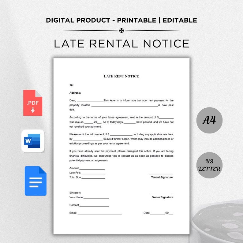 Late Rent Notice Template: Editable Landlord Form (PDF, Word, Google ...