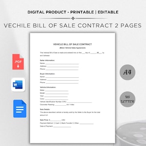 Vehicle Bill of Sale Contract Template | Editable PDF & Word | A4  US Letter | Auto Sale Agreement | Printable Car Sale Form
