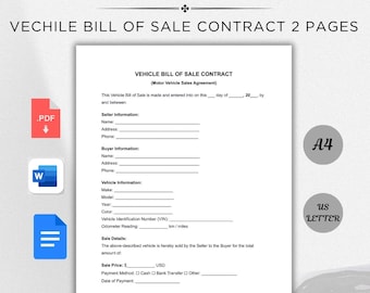 Puede incluir: Un contrato de compraventa de vehículos imprimible y editable, de dos páginas. Incluye secciones para la información del vendedor y del comprador, los detalles del vehículo y los detalles de la venta. Se ven iconos de PDF, Word y documento. Disponible en tamaños A4 y US Letter.
