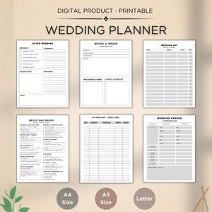 Op de afbeelding: Een afdrukbare trouwplanner met pagina's voor taken na de bruiloft, voorbereiding van bruid en bruidegom en kostenregistratie. Verkrijgbaar in A4, A5 en Letter formaten. De tekst "WEDDING PLANNER" staat bovenaan.