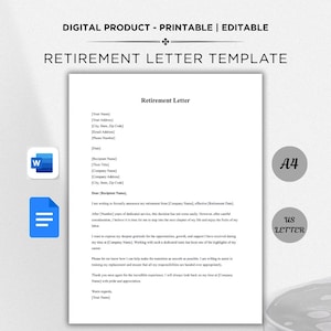 May include: A printable and editable retirement letter template. The document includes fields for the sender's and recipient's information, date, and a pre-written message. The image also shows the A4 and US Letter paper size options.