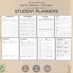 May include: A digital printable student planner featuring templates for assignments, course details, grades, and lecture notes. Available in A5, A4, and Letter sizes. The title "STUDENT PLANNERS" is prominently displayed. The image is in black and white.