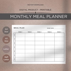 Planificador de comidas mensual para tableta/horizontal. Menú de 30 días, organizador de alimentos y fitness, descarga instantánea.