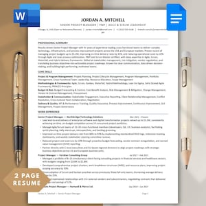 May include: A professional resume document for Jordan A. Mitchell, Senior Project Manager, featuring contact details, professional summary, core skills, and work experience. The document is flanked by a gold fountain pen and a beige mechanical pencil.