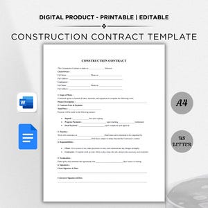 May include: A white construction contract template with the text "CONSTRUCTION CONTRACT" at the top. The document includes fields for client and contractor information, scope of work, and payment details. The image also includes the text "DIGITAL PRODUCT - PRINTABLE | EDITABLE".