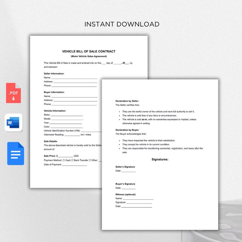 Vehicle Bill of Sale Contract Template Editable PDF & Word A4 US