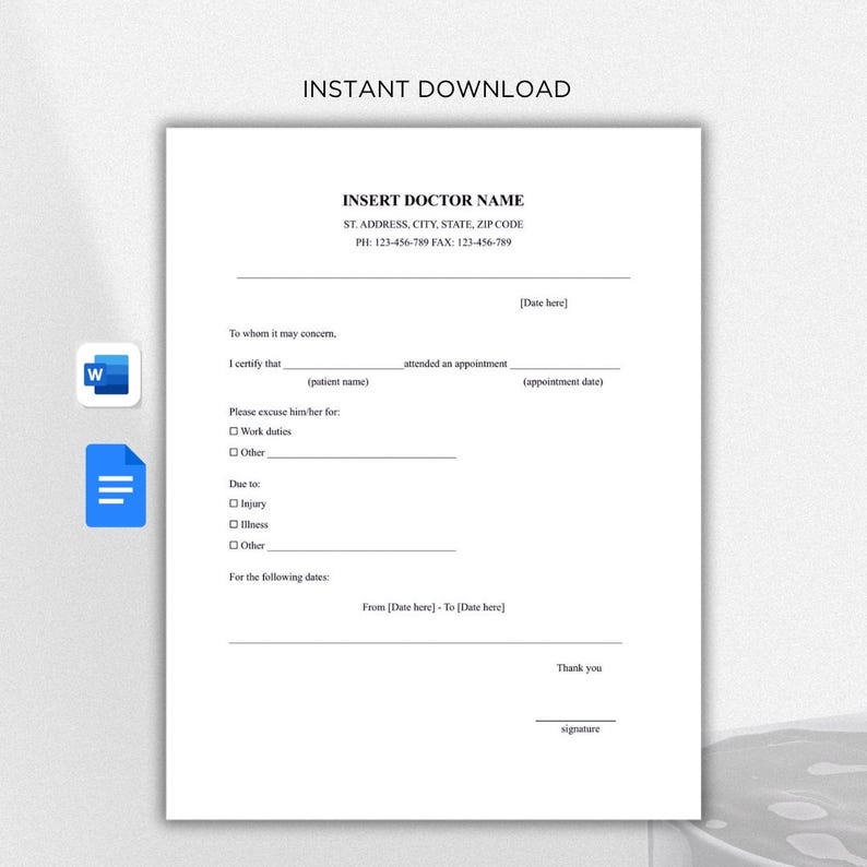 Editable Doctor's Note Template: Printable Medical Excuse Form (PDF ...