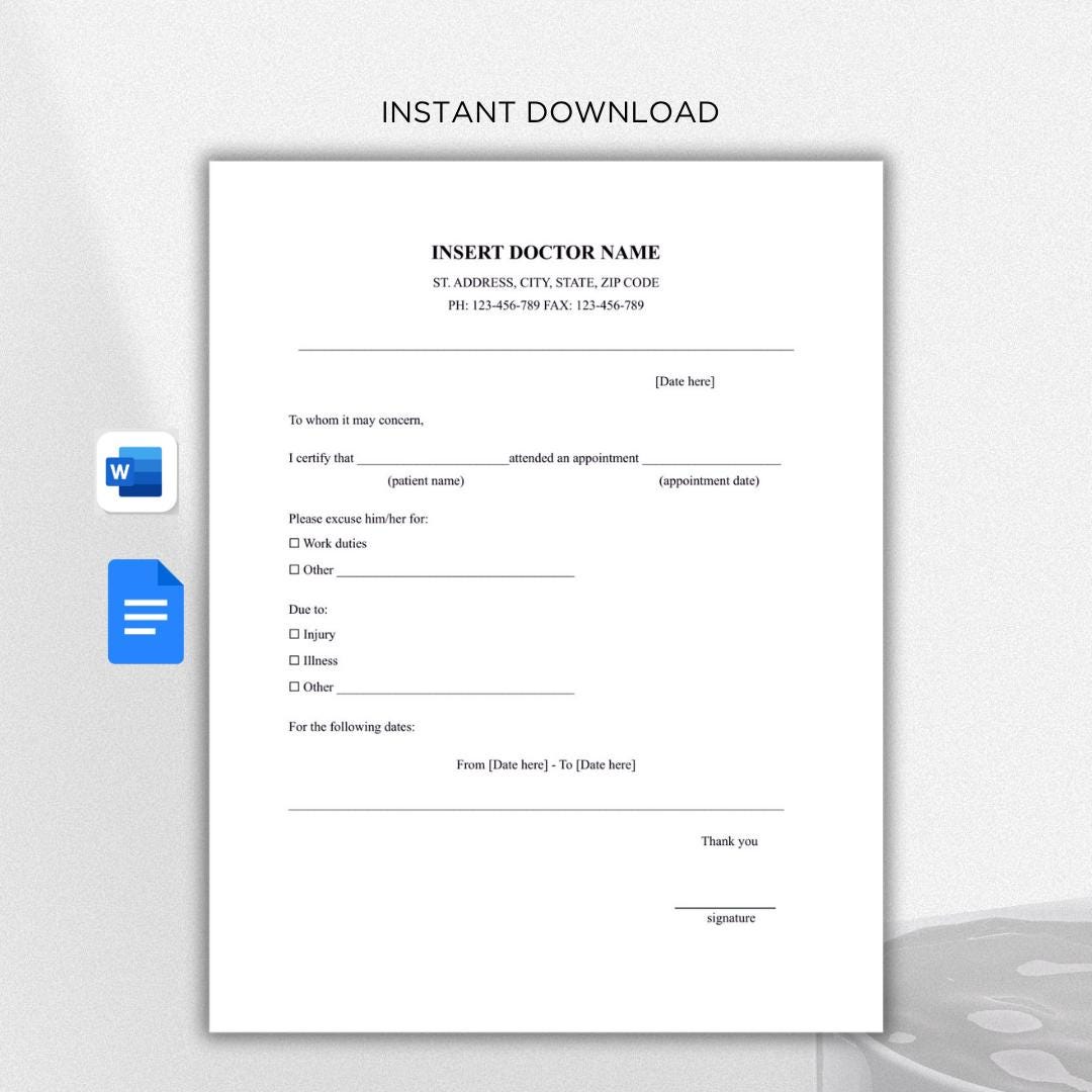 Doctors Note Ineligible Editable Doctor's Note Template: Printable Medical Excuse Form (PDF ...