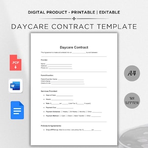 2-Page Daycare Contract Template | Editable Daycare Forms | Childcare Agreement | Daycare Liability Form | A4 & Letter |Word PDF Google Docs