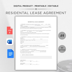 May include: A digital printable and editable residential lease agreement document. The document includes sections for the parties involved, lease period, property details, rent, and additional terms. Icons for PDF, Word, and a bar graph are visible.