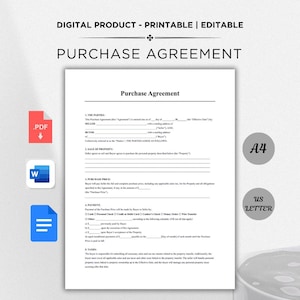 May include: A digital, printable purchase agreement document. The document includes sections for parties, sale of property, purchase price, and payment. Icons for PDF, Word, and a bar graph are on the left. A4 and US Letter size options are on the right.