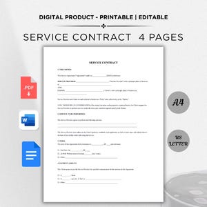 Peut inclure: Un modèle de contrat de service imprimable et modifiable avec le texte "SERVICE CONTRACT 4 PAGES". Le document comprend des sections pour les parties, les détails du service, les conditions et le paiement. Icônes PDF et Word visibles.