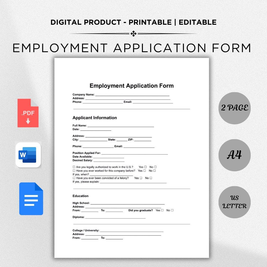 Editable Employment Application Form Template (PDF, Word, Google Docs ...