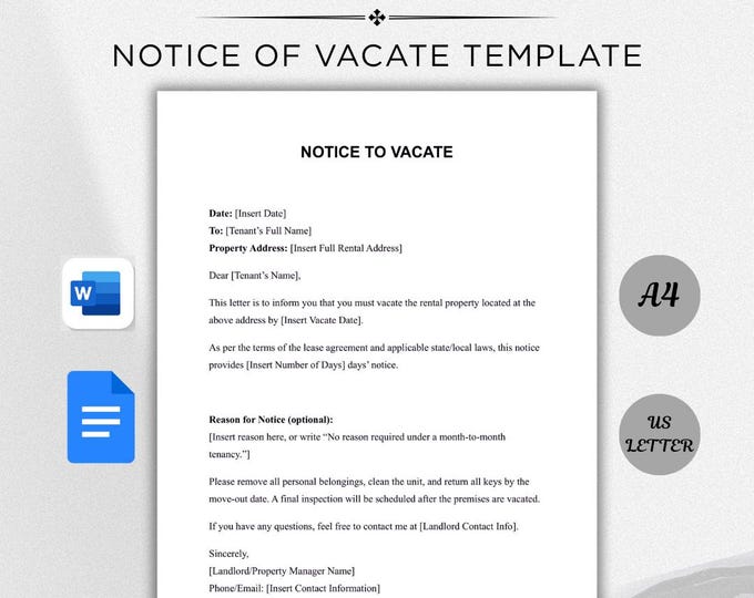 Editable Eviction Notice Template, Single Page Notice to Vacate ...