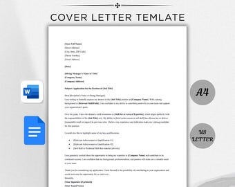 May include: A printable and editable cover letter template. The document is white with black text, including fields for contact information, a job application subject, and a signature. Icons for Word and a document are on the left, with A4 and US Letter size indicators on the right.