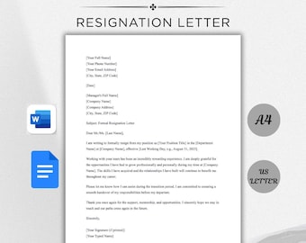 Editable Resignation Letter Template: Professional Quit Notice (Instant Download)