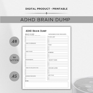 ADHD Planner PDF, Brain Dump, Daily Printable Planner, To-Do List, Reminders, Notes, US Letter & A4 Size, Digital Download, Portrait Layout