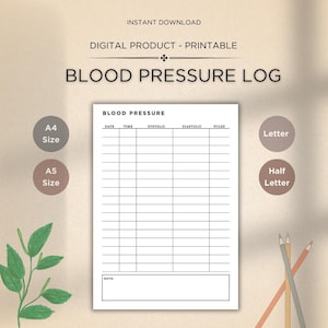 Plantilla imprimible para registro de presión arterial, registro diario de la presión arterial, tabla de presión arterial, registro médico, tamaño A4/A5/carta/media página