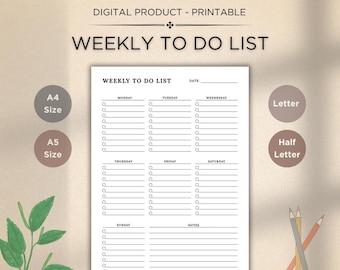 Weekly To-Do List Printable: Task Planner Template (A4/A5/Letter/Half PDF Download)