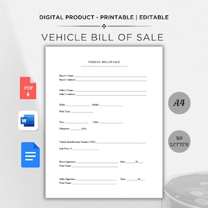 Vehicle Bill of Sale. Printable Motor Vehicle Sale Contract. Vehicle Bill of Sale Template. Editable Google Docs, WORD PDF. Instant Download