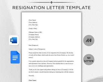 Professional Resignation Letter Template: Editable Word & Google Docs (Instant Download)