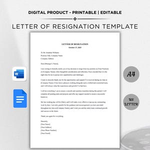 Professional Resignation Letter Template, Microsoft Word & Apple Pages, Notice Letter, Resign Letter, Letter of Resignation Template