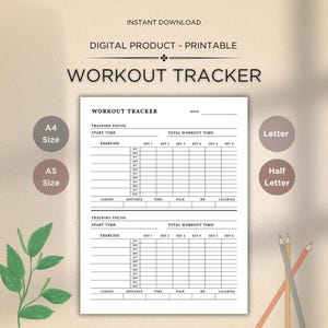 Rastreador de ejercicios imprimible, registro diario de ejercicios, diario de fitness, planificador de ejercicios, planificador de fitness, tamaño A4/A5/carta/medio, descarga instantánea