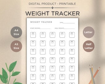 Afdrukbare gewichtsverliestracker: minimalistisch ontwerp (A4/A5/Letter/Half Letter PDF)