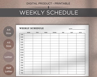 May include: Printable weekly schedule with a white background and black grid lines. The schedule includes time slots from 5 AM to 7 PM, Monday through Sunday. The words "WEEKLY SCHEDULE" are at the top. The image also includes size options: A4, A5, Letter, and Half Letter.