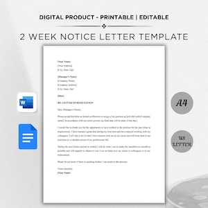 2 Weeks Notice Letter, Two Weeks Notice Letter, Google Docs/Microsoft Word, Notice Letter, Resign Letter, Letter Resignation, Notice Letter