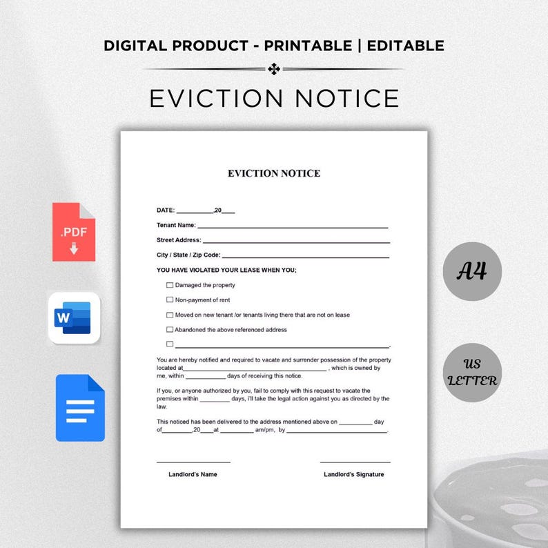 Editable Eviction Notice Template: Landlord Legal Form (word, PDF ...