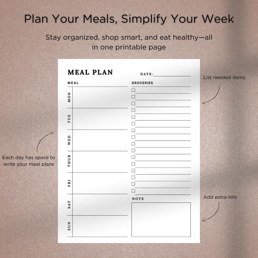 Weekly Meal Planner Printable Template: Grocery List, A4/a5/letter ...