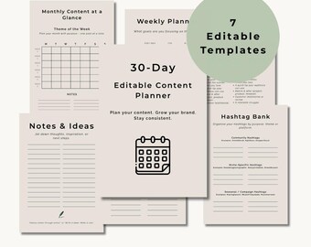 Planejador de Conteúdo Editável do Canva | Calendário de Mídias Sociais de 30 Dias para Pequenas Empresas | Modelo de Planejador de Negócios Minimalista e Neutro