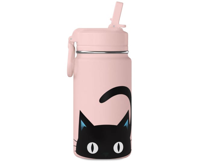 Peekaboo Black Cat Mini Water Bottle, 14oz | Pink Stainless Flask