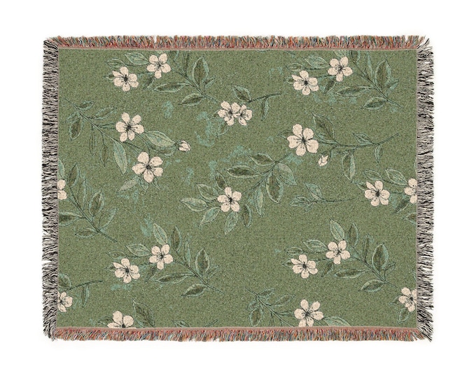 Vintage Rue Joubert Floral Pattern Woven Blanket | Green Dogwood Throw