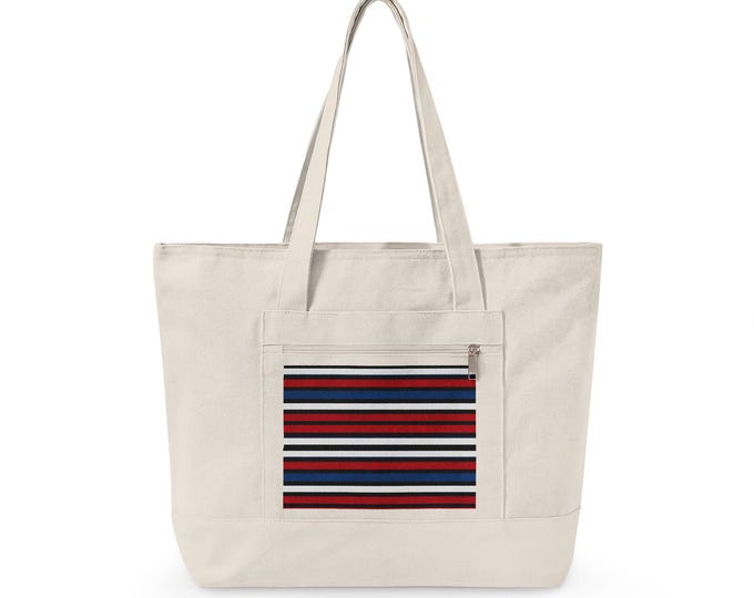 Striped Navajo-Inspired Pattern Zippered Canvas Tote | Red Navy Southwestern