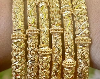 6Pcs Premium Gold Plated Bangles for Weddings – Lightweight Traditional Bridal Chooriyan | 24k High Quality Gold Replica