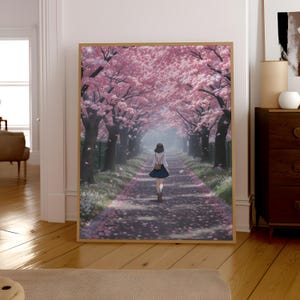 Cherry Blossom Anime Print: Japanese Schoolgirl Sakura Path (Digital Download)