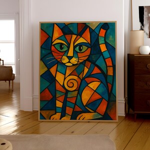 Colourful Cubist Cat Art Print – Picasso Style Abstract Painting for Modern Wall Decor