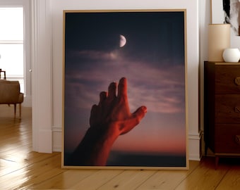 Celestial Hand Reaching Moon Print: Surreal Night Sky Art (Digital Download)