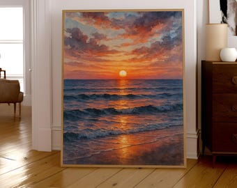 Aquarell Sonnenuntergang - Ozean Druck - Serene Beach Sunset Wandkunst, Aquarell Wellen Malerei, digitaler Download