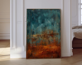Large Teal Burnt Orange Abstract Wall Art Printable, Moody Textured Canvas, Modern Statement Living Room Decor