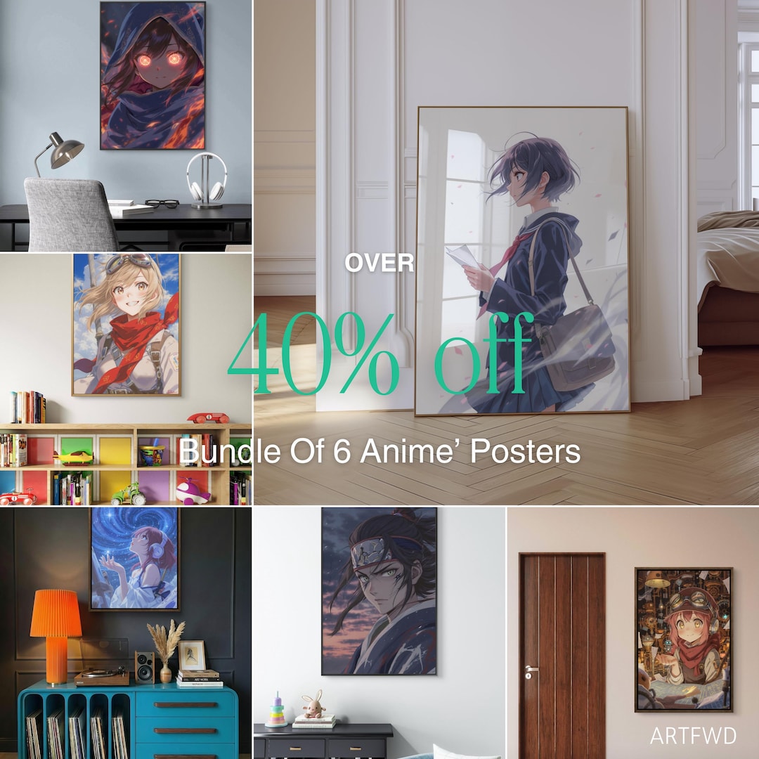 Anime Poster Bundle of 6 | Japanese Cartoon Wall Art Set for Teens
