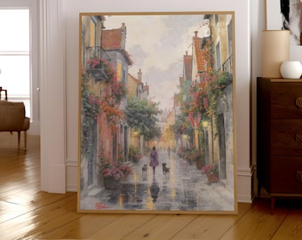 Romantic Rainy Street Wall Art – European City Scene Print – Paris Stroll Home Decor