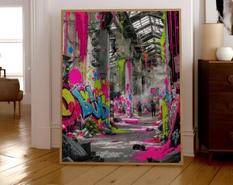 Graffiti Gränd Väggkonsttryck – Färgglad urban gatukonstposter för modern heminredning