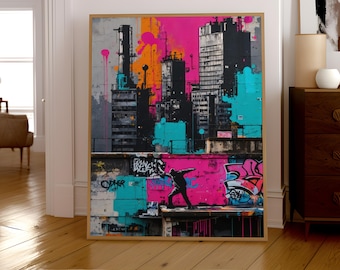 Graffiti Cityscape Wall Art Print – Urban Street Art Poster for Modern Home Decor